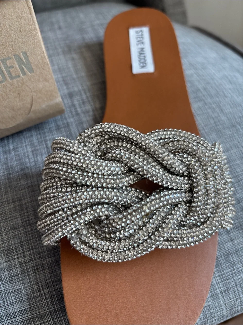 Steve Madden Tan Slide Sandals with Silver Beaded Knot Detail